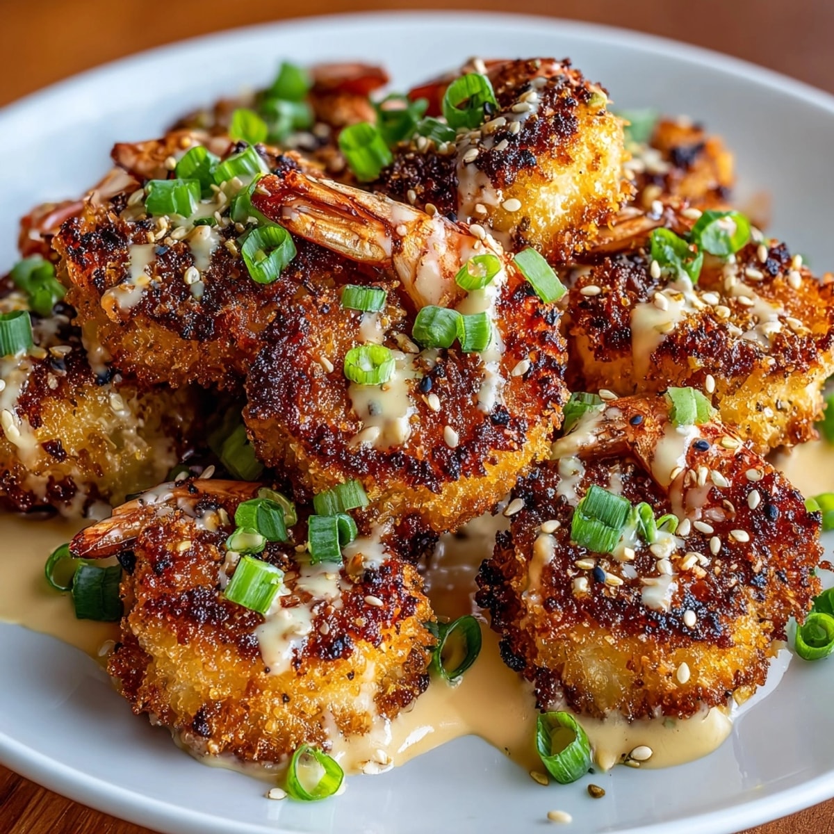 Crispy Air Fryer Bang Bang Shrimp, golden and drizzled with creamy, spicy sauce.