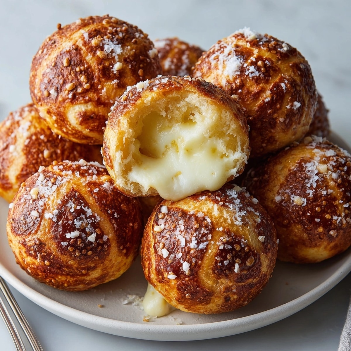 Golden brown Mozzarella-Stuffed Pretzel Bites, fresh from the oven, ready for dipping!