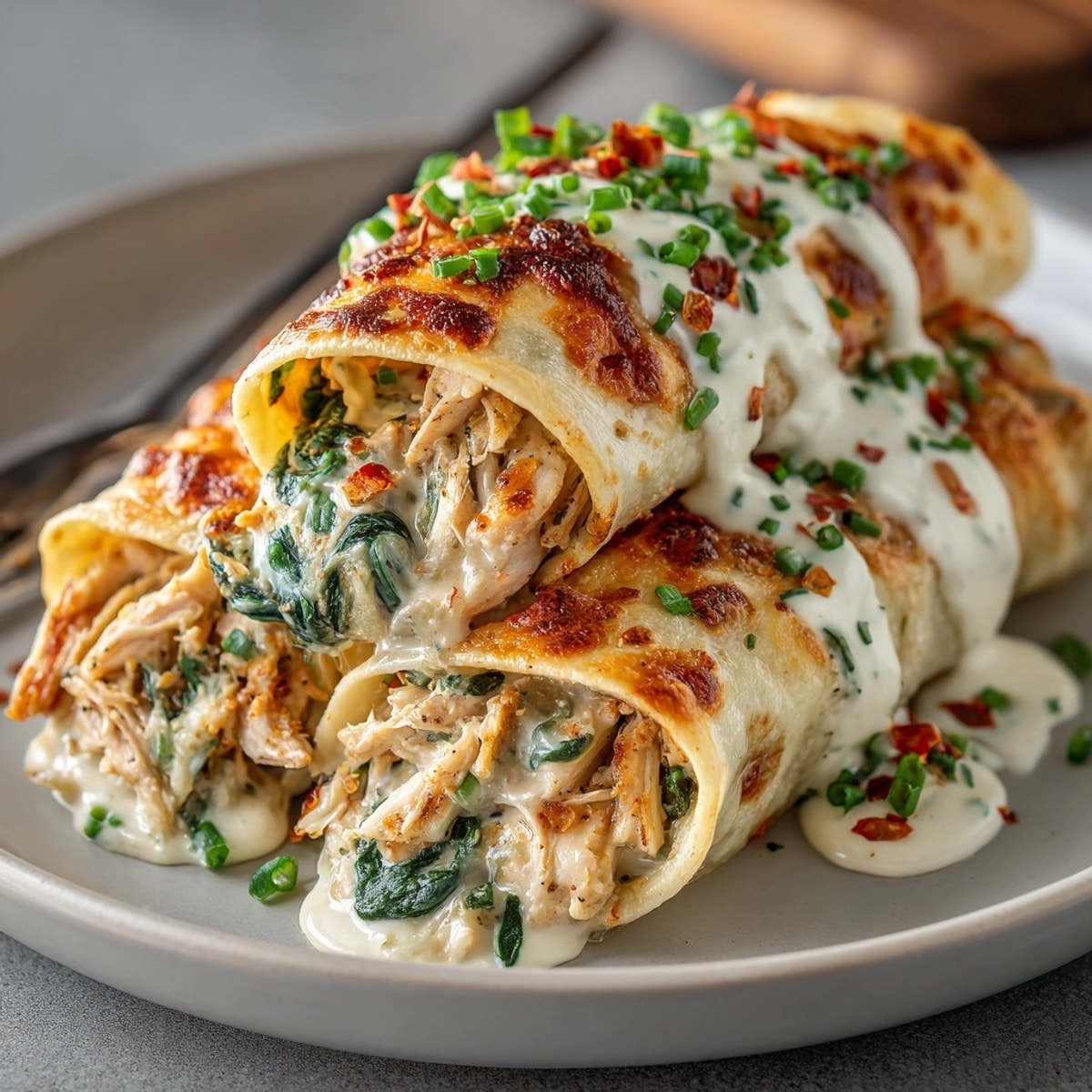 Close-up of bubbling, cheesy Creamy Chicken & Spinach Skillet Enchiladas, ready to serve.
