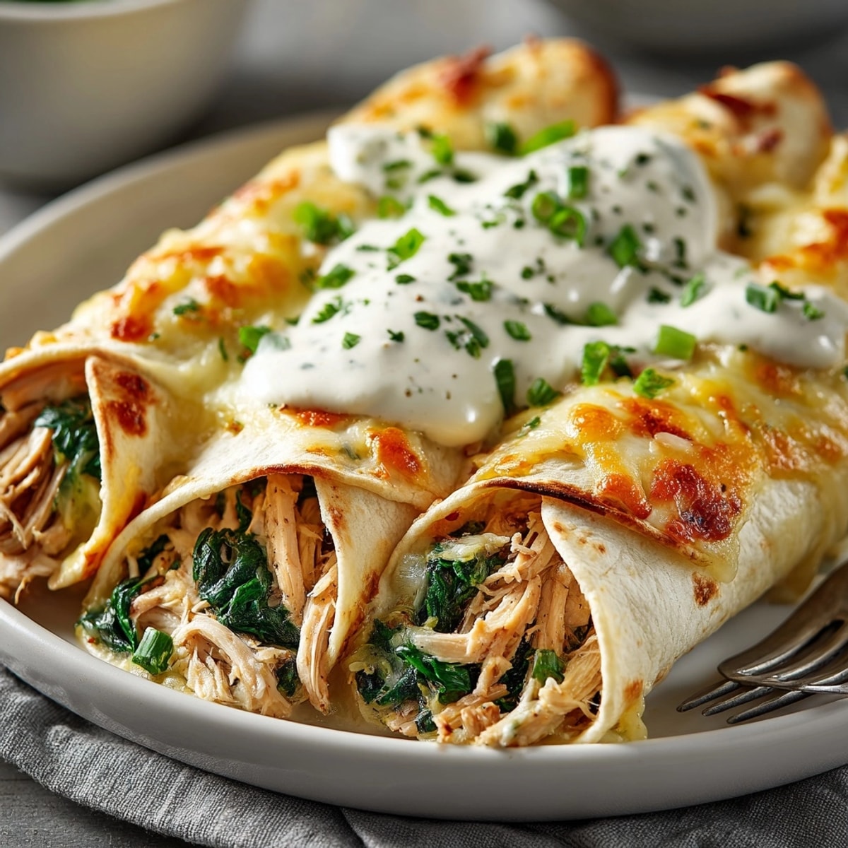 Golden-brown Creamy Chicken &amp; Spinach Skillet Enchiladas, a flavorful, easy weeknight dinner.