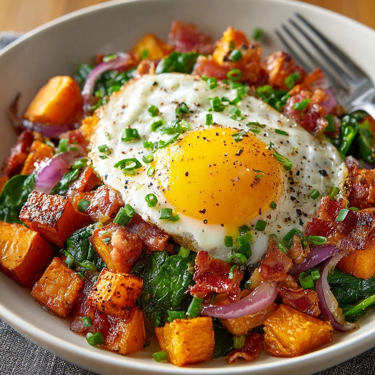 Delicious Sweet Potato and Bacon Breakfast Hash, cooked in a cast iron skillet.