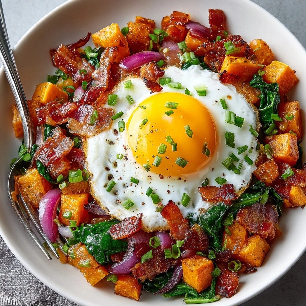 Golden Sweet Potato & Bacon Breakfast Hash— savory, smoky, perfect for a weekend brunch.