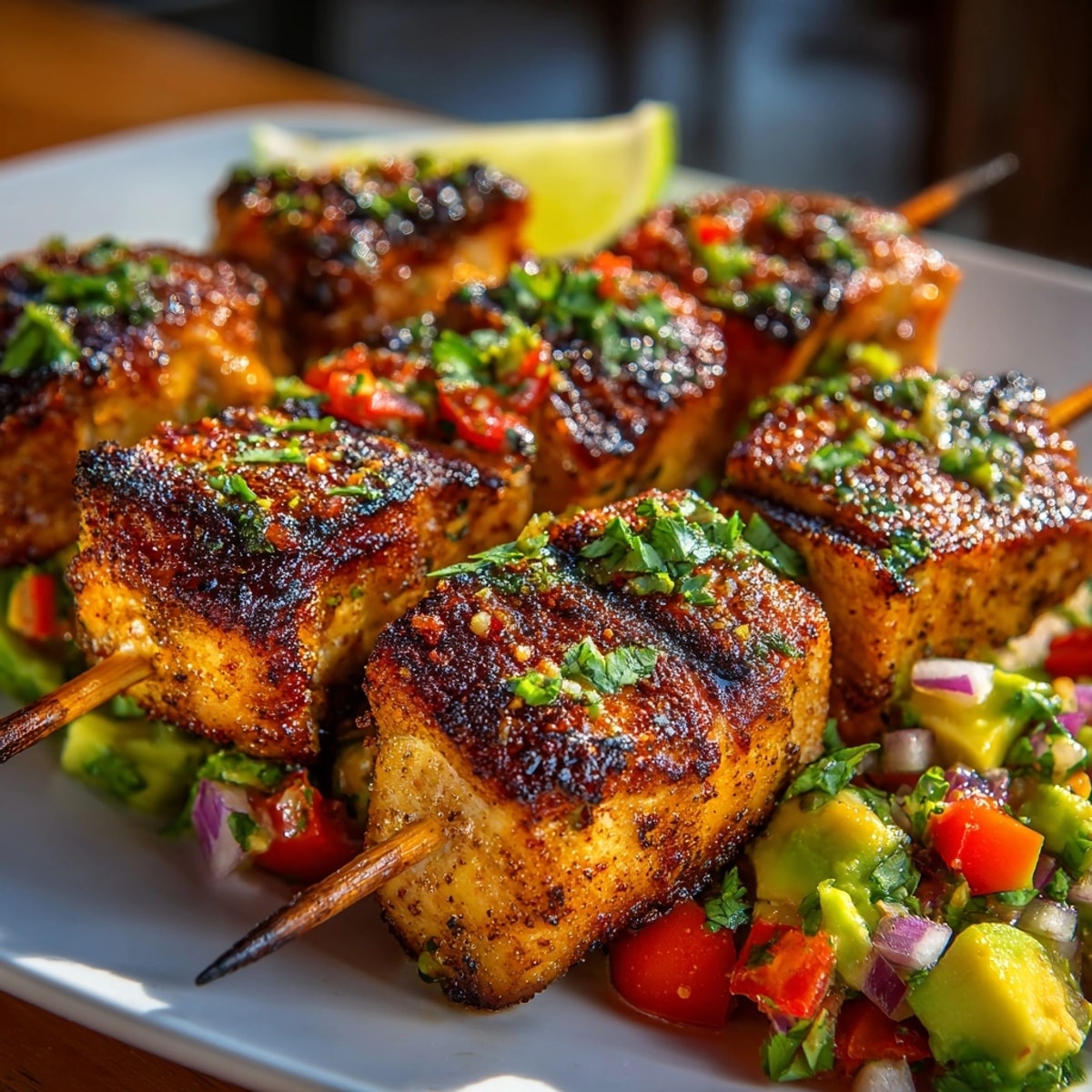 Savory Spiced Grilled Chicken Skewers recipe: beautifully charred and paired with fresh, vibrant salsa.