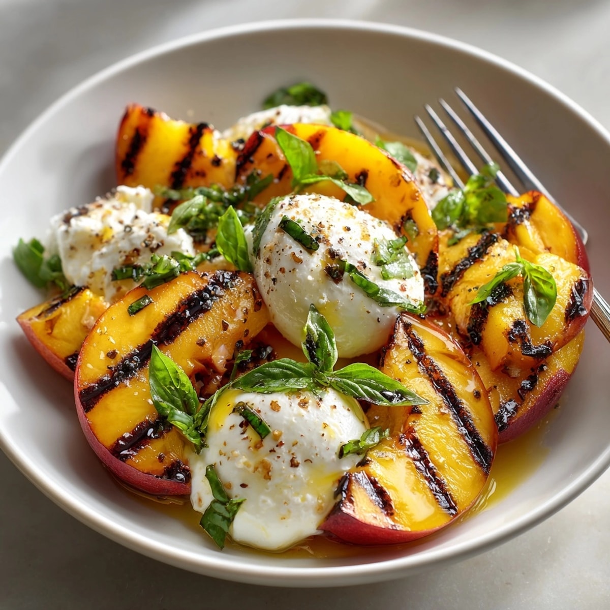 Grilled peach and burrata salad with basil: smoky, sweet, creamy summer perfection.