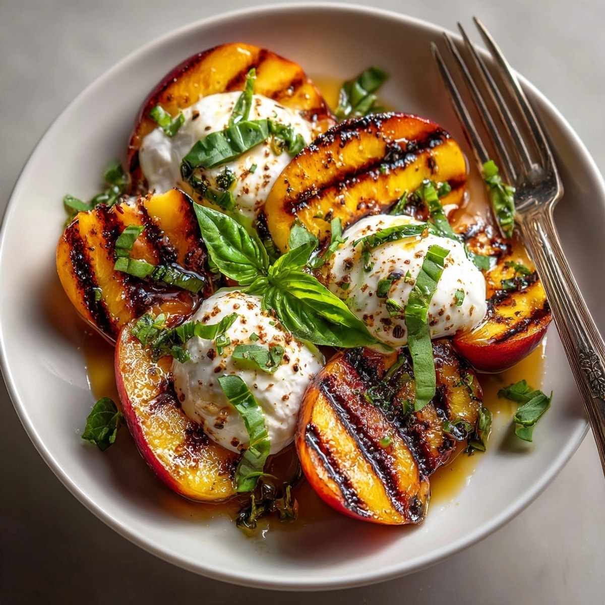 Close-up of a grilled peach and burrata salad&amp;mdash;ripe, juicy, and herb-infused.