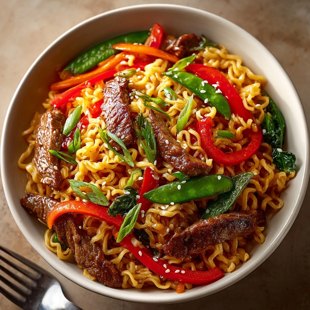 Close-up of glistening Spicy Sriracha Beef Ramen Stir-Fry, ready to be devoured.
