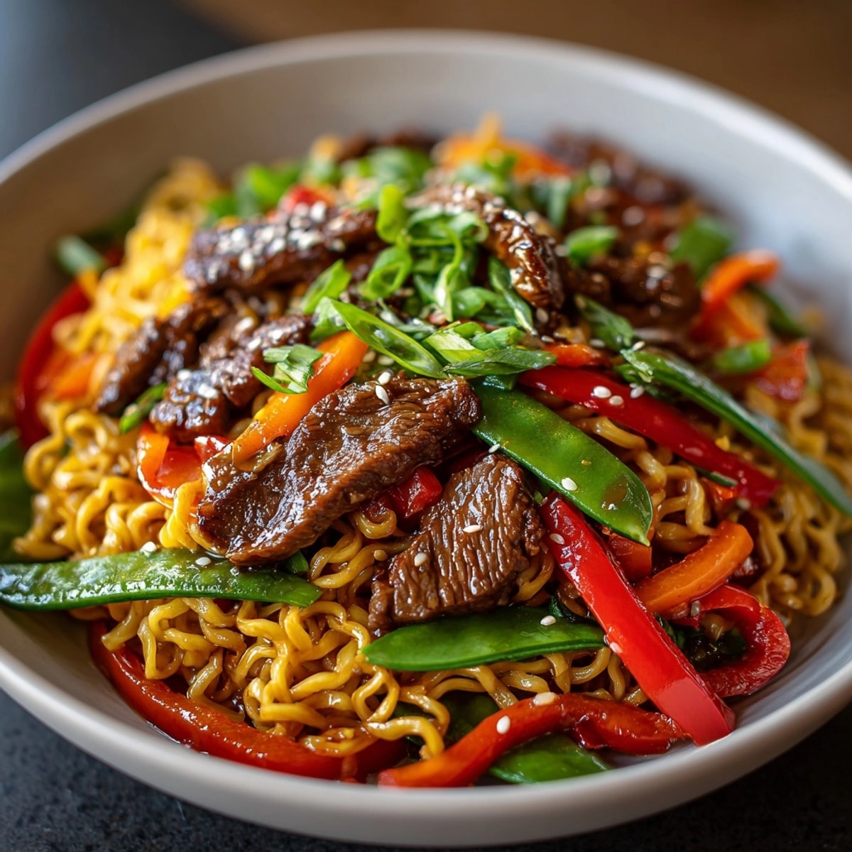 Vibrant Spicy Sriracha Beef Ramen Stir-Fry with tender beef, a quick weeknight dinner.