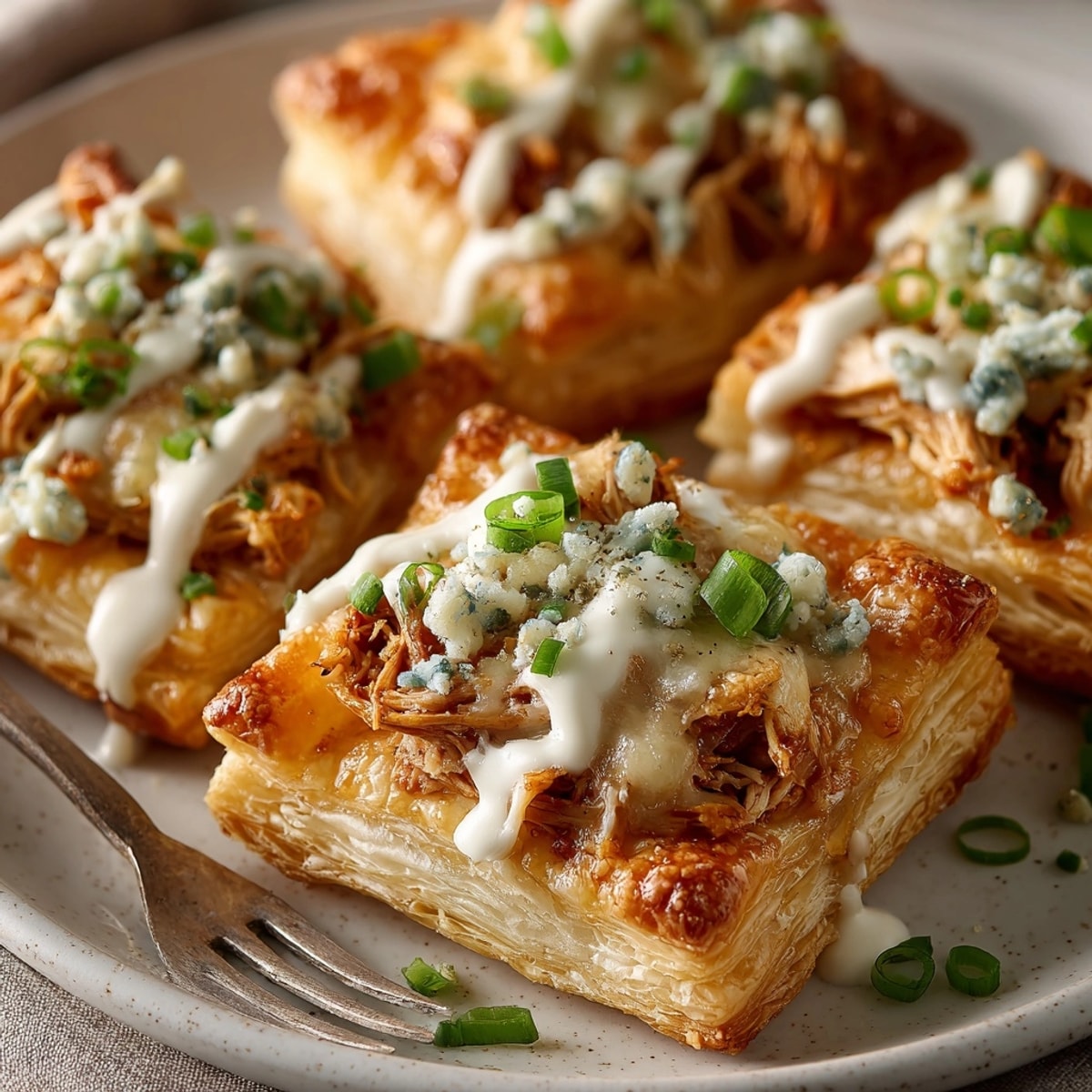 Easy mini Buffalo Blitz Puff Pastry Bites recipe; quick, spicy, perfect snack.