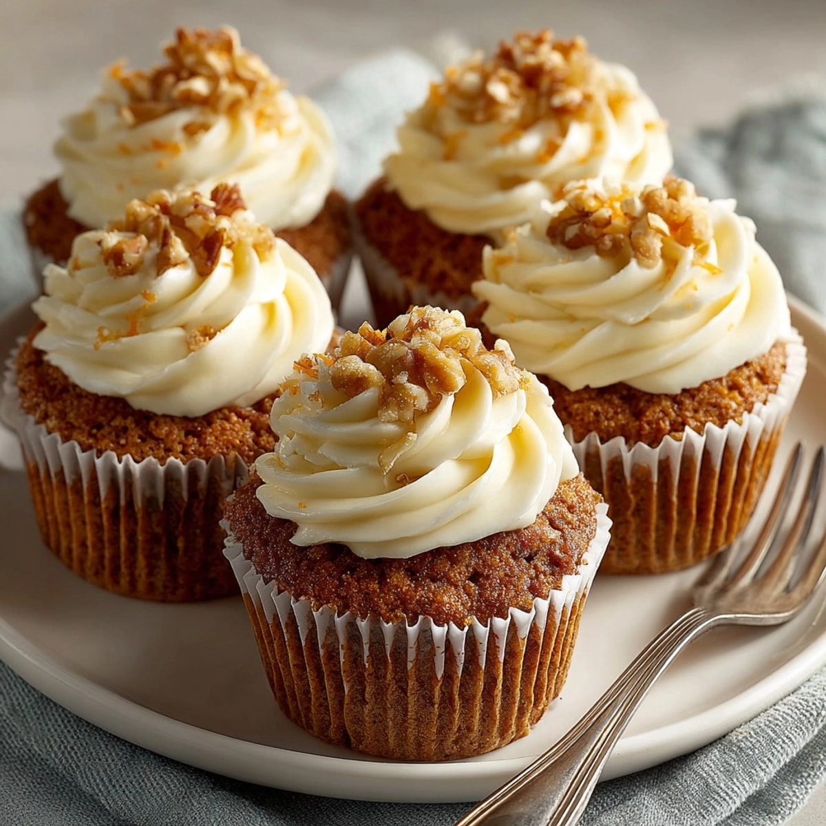 Golden, moist Carrot Cake Cupcakes with a swirl of rich cream cheese frosting.