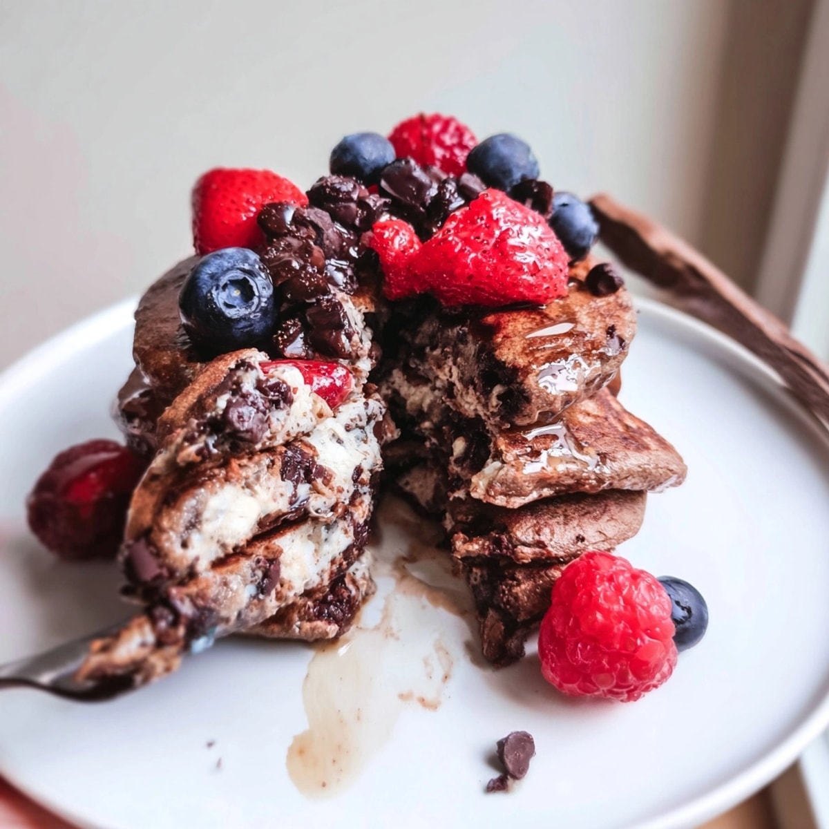 Protein Chocolate Ricotta Pancakes recipe image showing fluffy stacks, ready for a delicious breakfast.