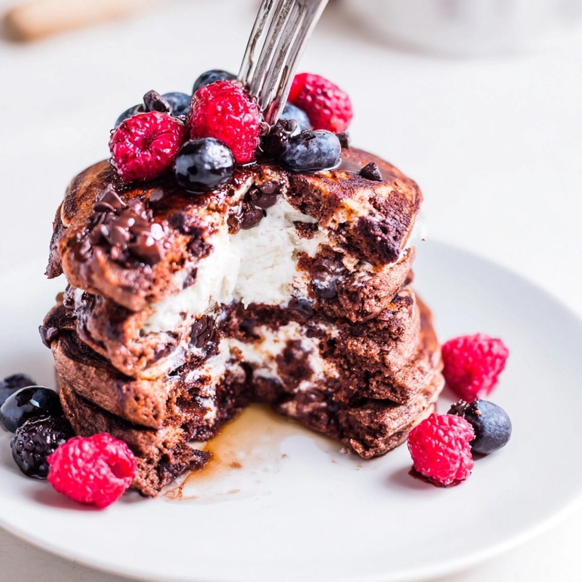 Eye-level view of Protein Chocolate Ricotta Pancakes, highlighting the chocolate chips and light toppings.