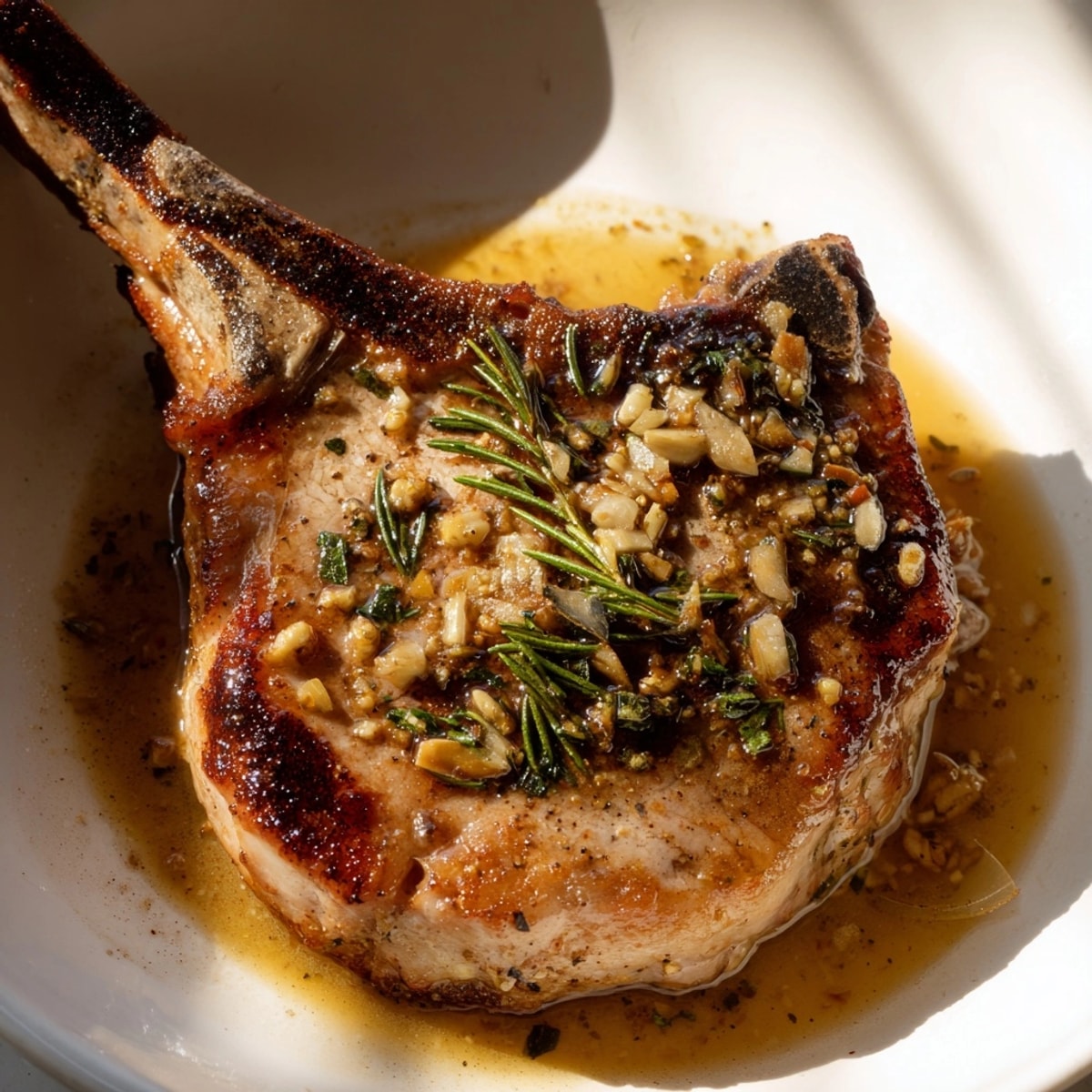 Golden Garlic Rosemary Pork Chops sizzling in a pan, fragrant with herbs and butter.