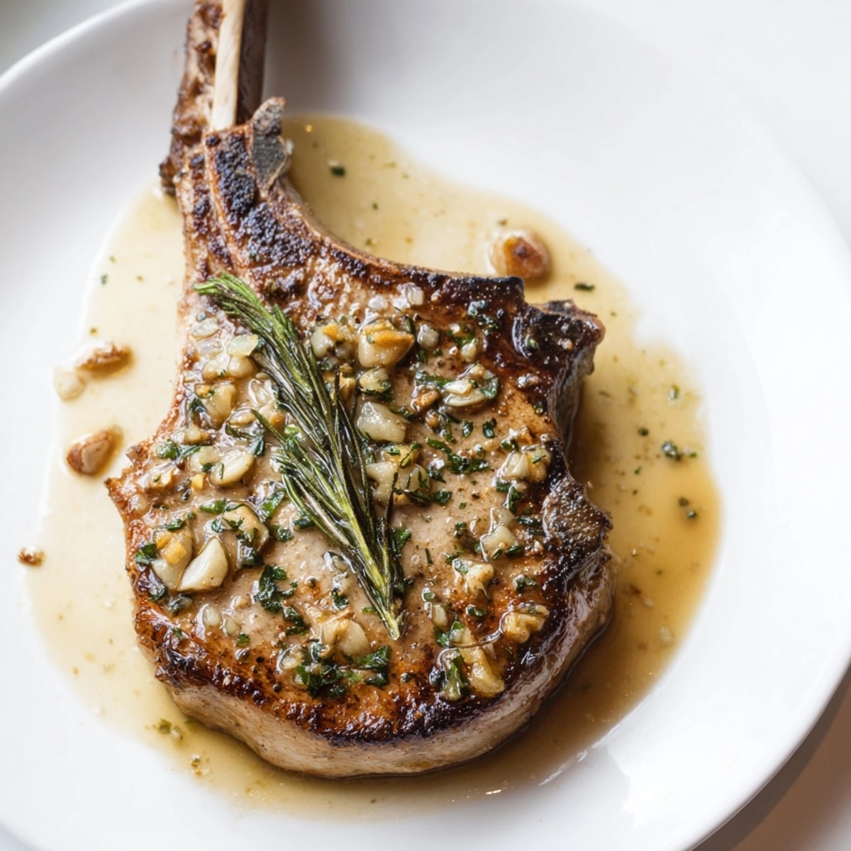 Perfectly cooked, juicy Garlic Rosemary Pork Chops resting, ready for a flavorful dinner.