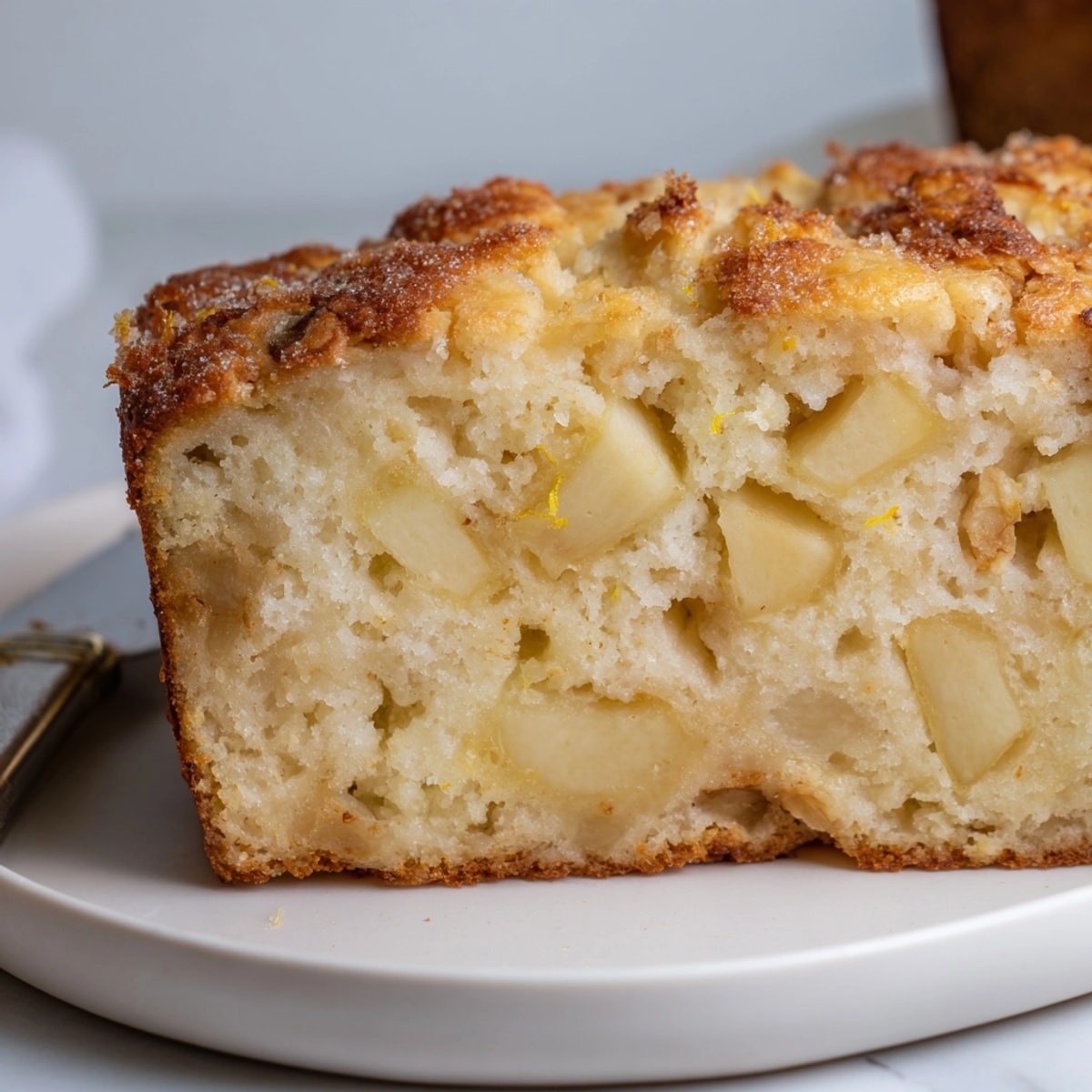 Golden-brown Ricotta Apple Cinnamon Bread loaf, ready to slice and enjoy with coffee.