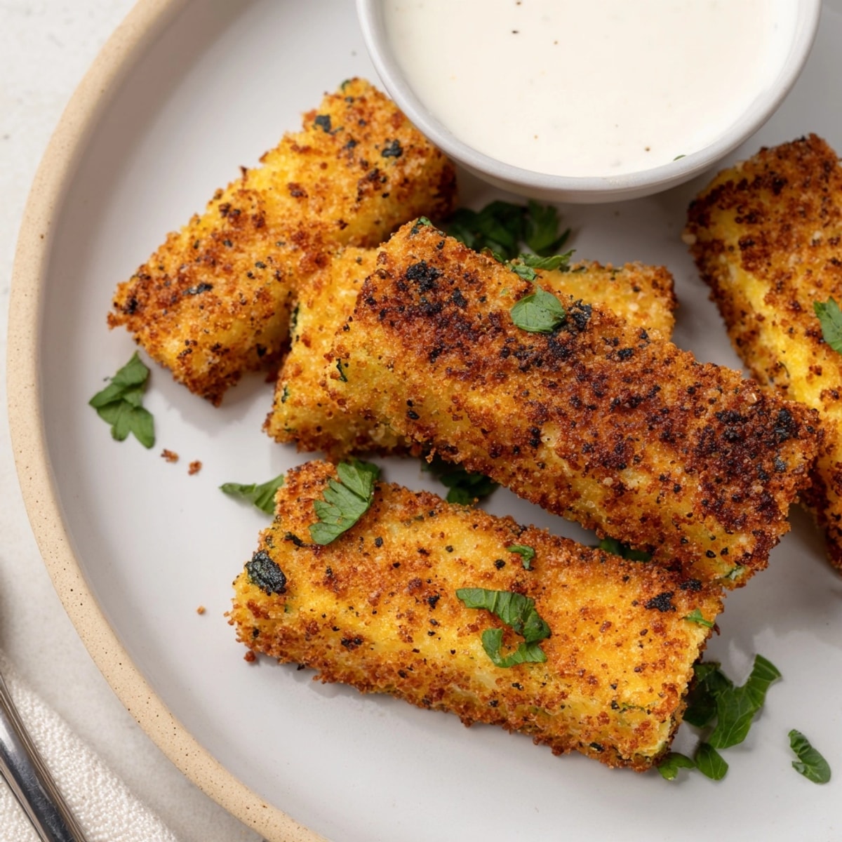 Golden-brown, baked Cheesy Cajun Zucchini Sticks, flecked with spices, ready for dipping.
