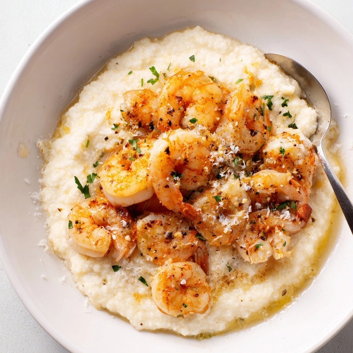 Golden Shrimp Parmesan Grits Bowl, creamy, cheesy, with glistening, tender shrimp ready to serve.