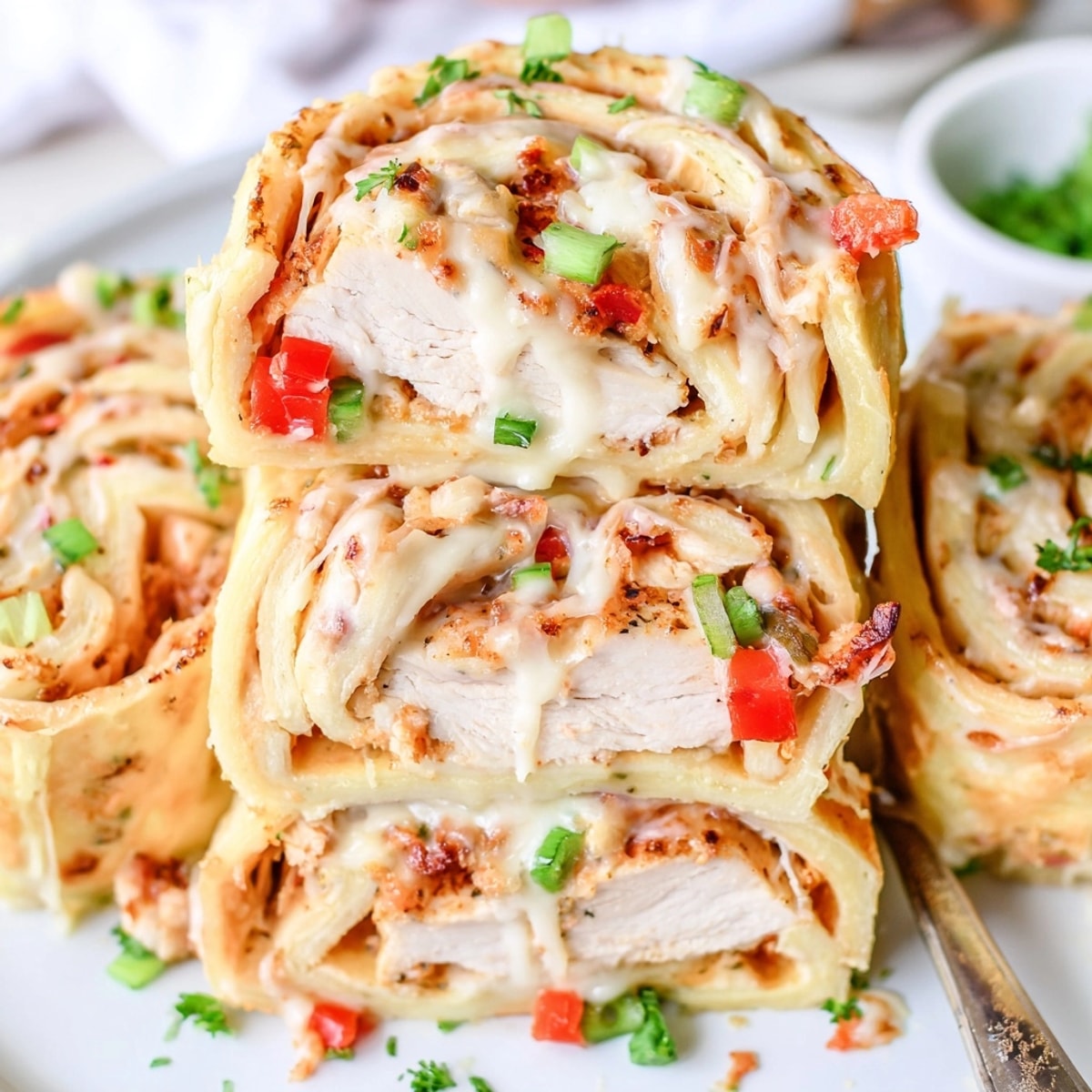 Close-up image of golden-brown Cajun Chicken Alfredo Pizza Rolls fresh from the oven.