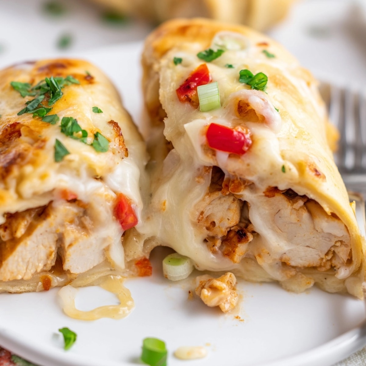 Warm, cheesy Cajun Chicken Alfredo Pizza Rolls oozing sauce, garnished with fresh parsley.