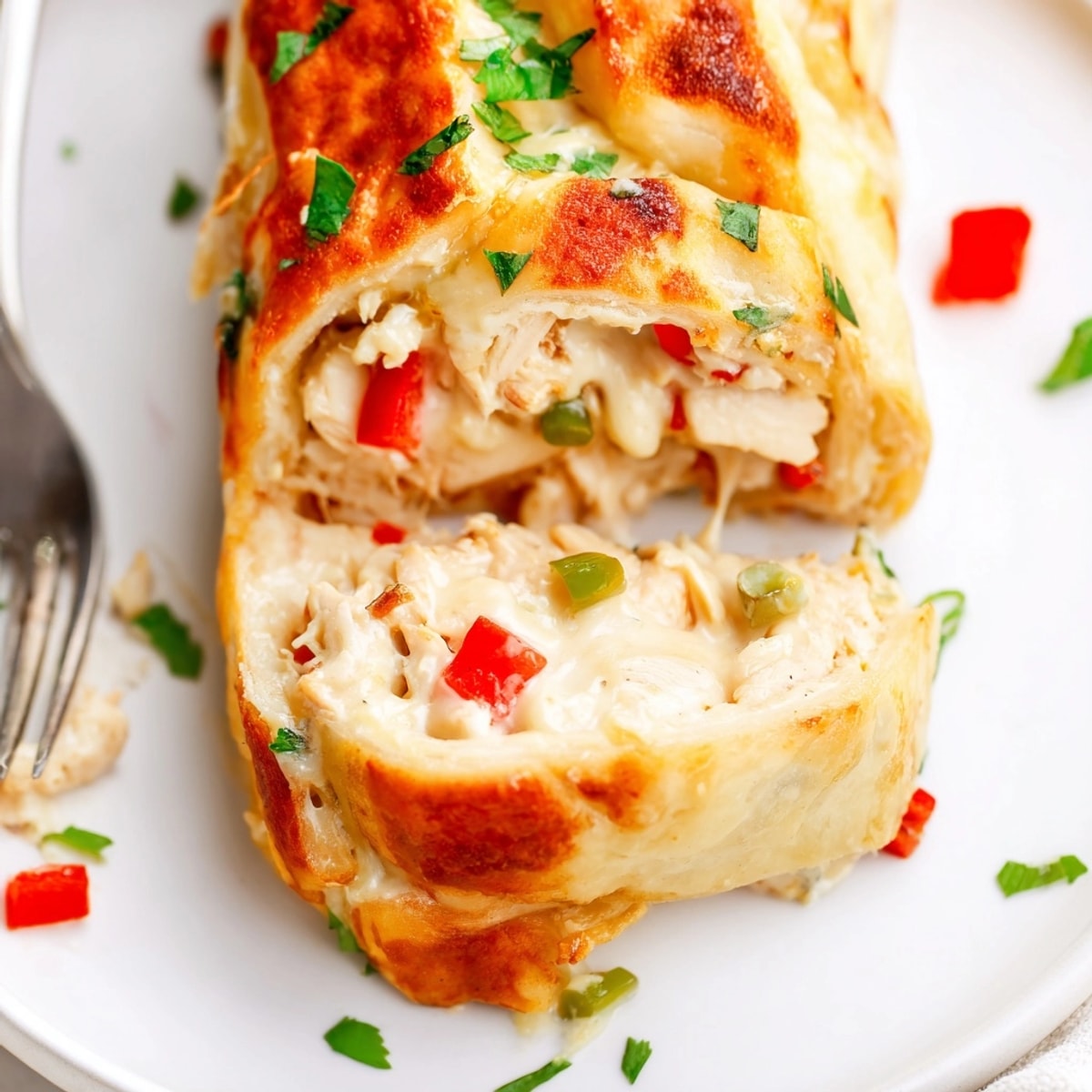 Homemade Cajun Chicken Alfredo Pizza Rolls: Spicy chicken and creamy sauce baked to perfection.