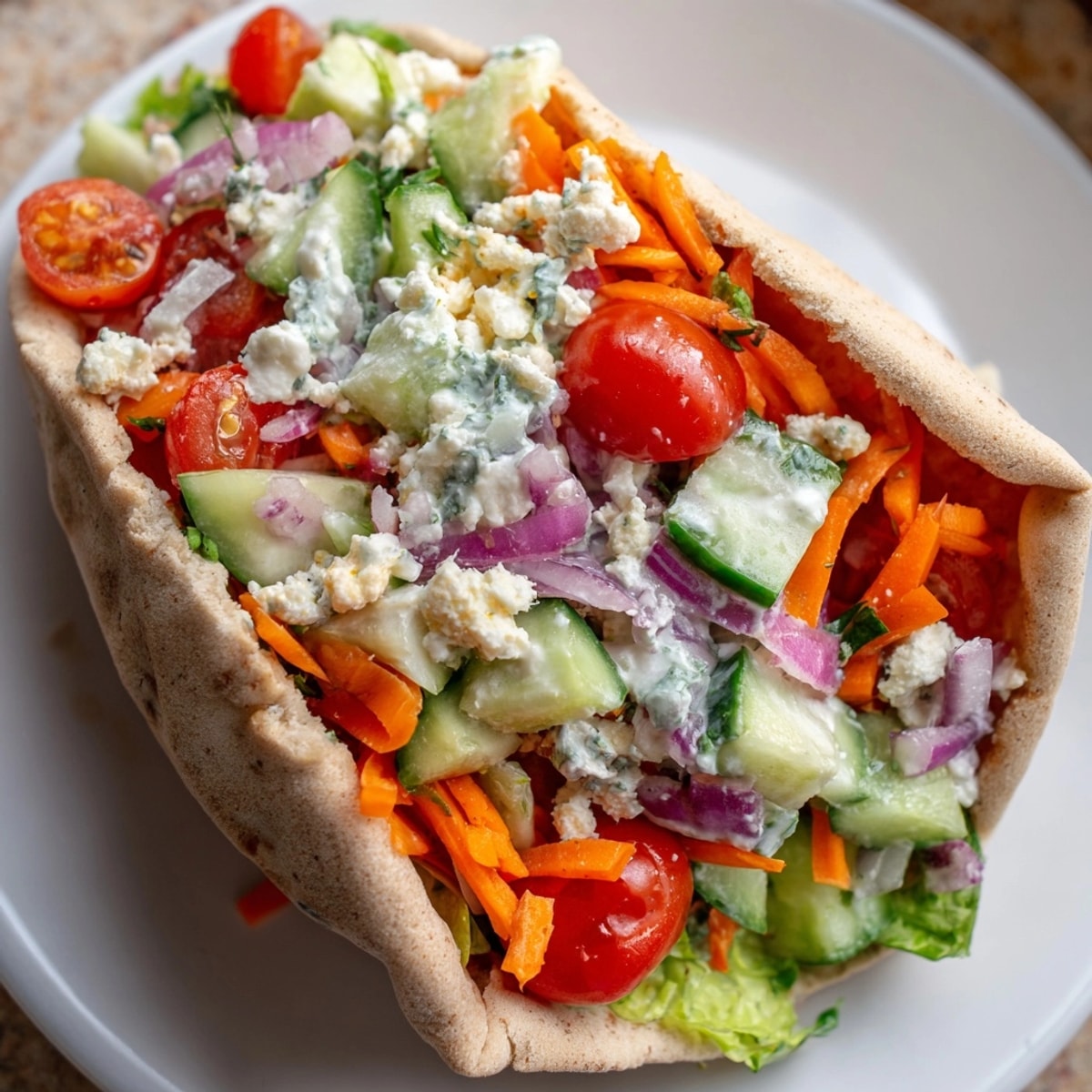 Close-up of vibrant Garlic Ranch Veggie Pita Pockets, bursting with fresh, colorful ingredients.
