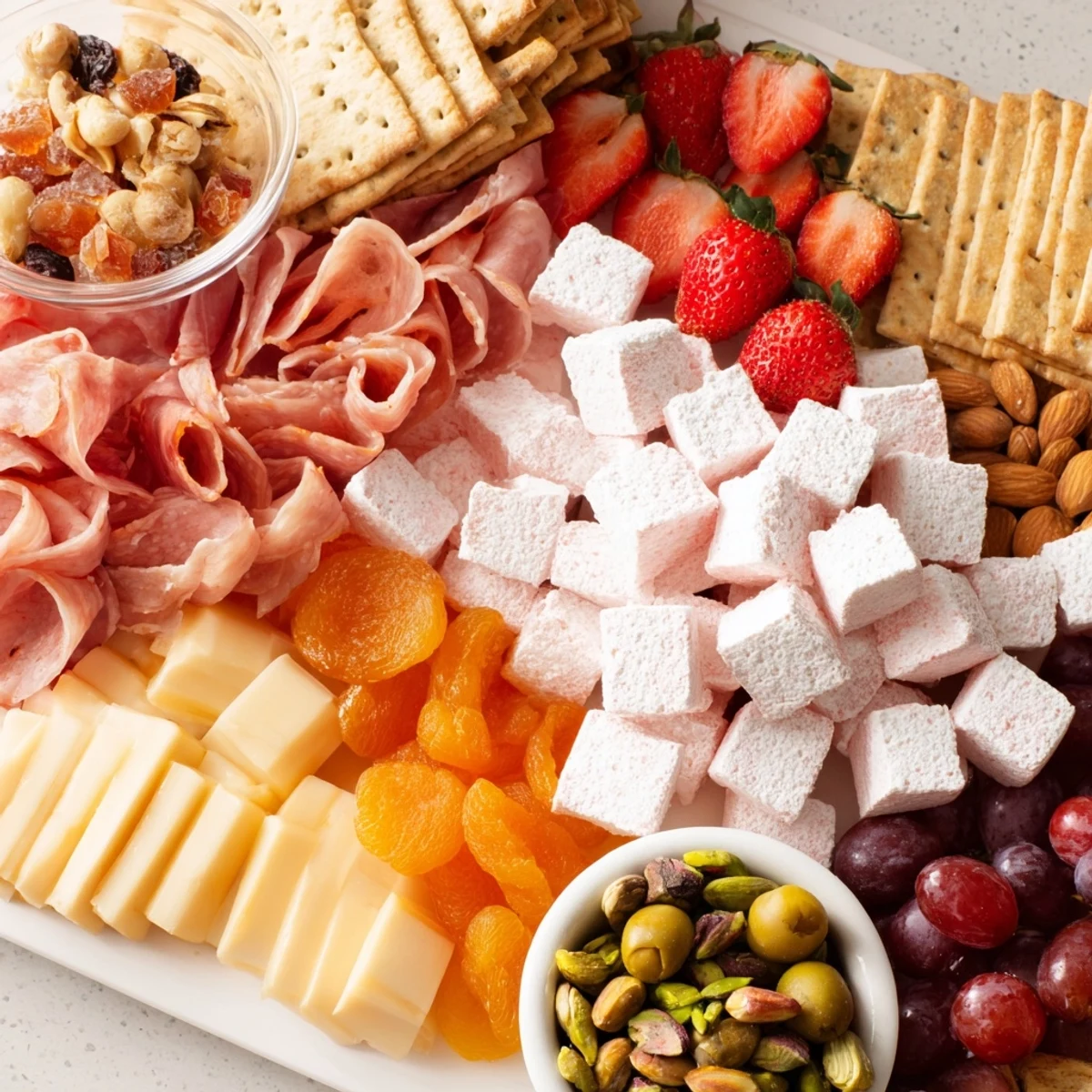 A beautifully arranged charcuterie board with cranberry marshmallows, fruits, and cheeses.  