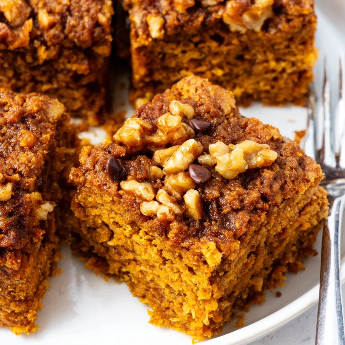 Moist pumpkin muffin banana bread bars with warm spices and chocolate chips.  
