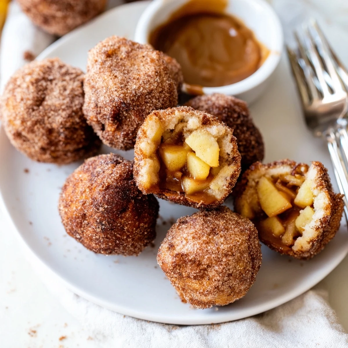 Warm, crispy churro balls bursting with caramelized apple filling and served with sauce.  