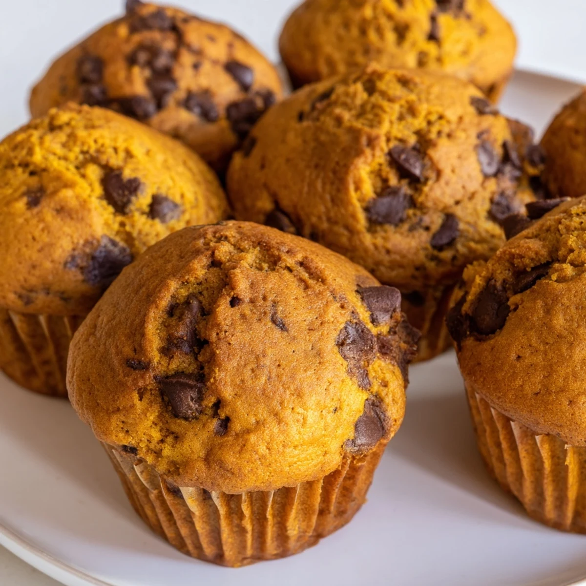 Moist Sweet Potato Pumpkin Chocolate Chip Muffins topped with melted chocolate chips and spices.  