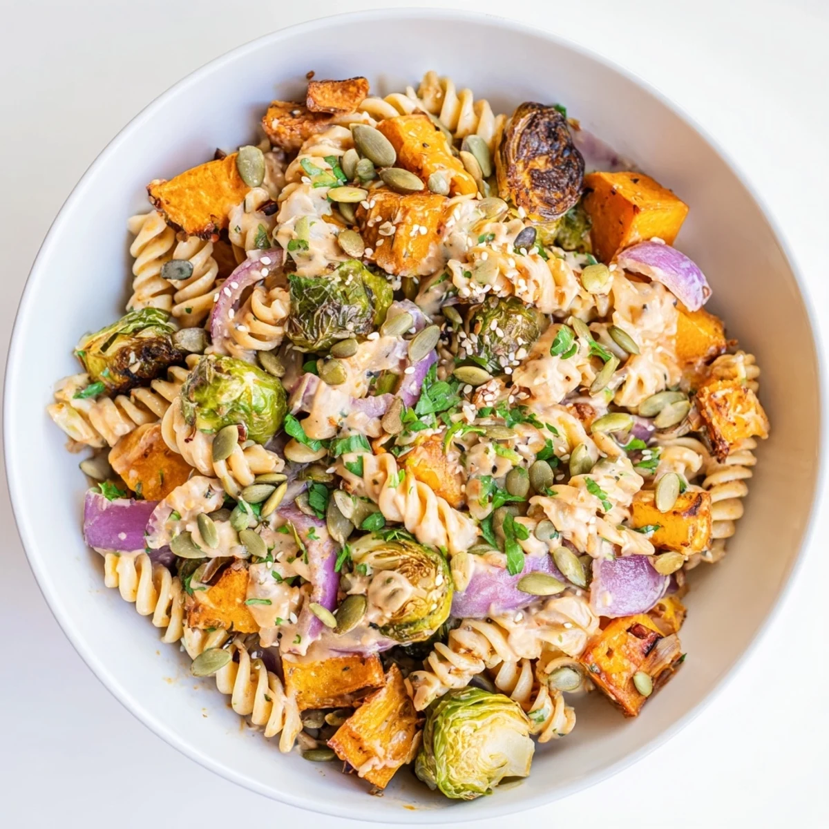 Colorful pasta salad featuring hearty autumn vegetables and smooth miso dressing delight.