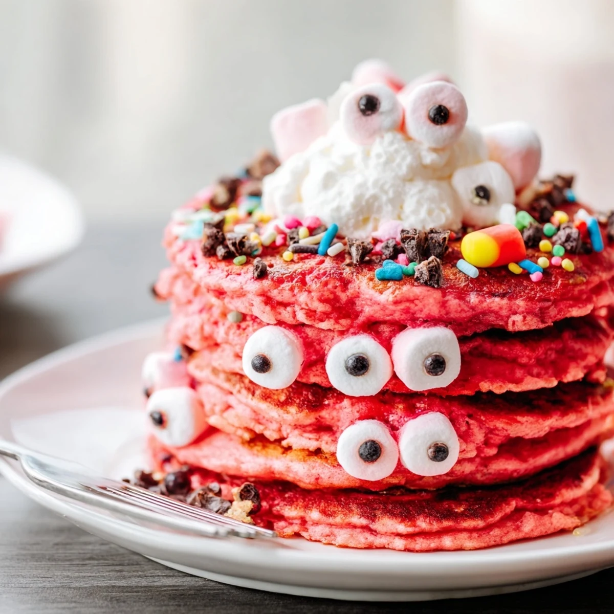 Fluffy cherry soda monster pancakes topped with whimsical marshmallows and chocolate chips.