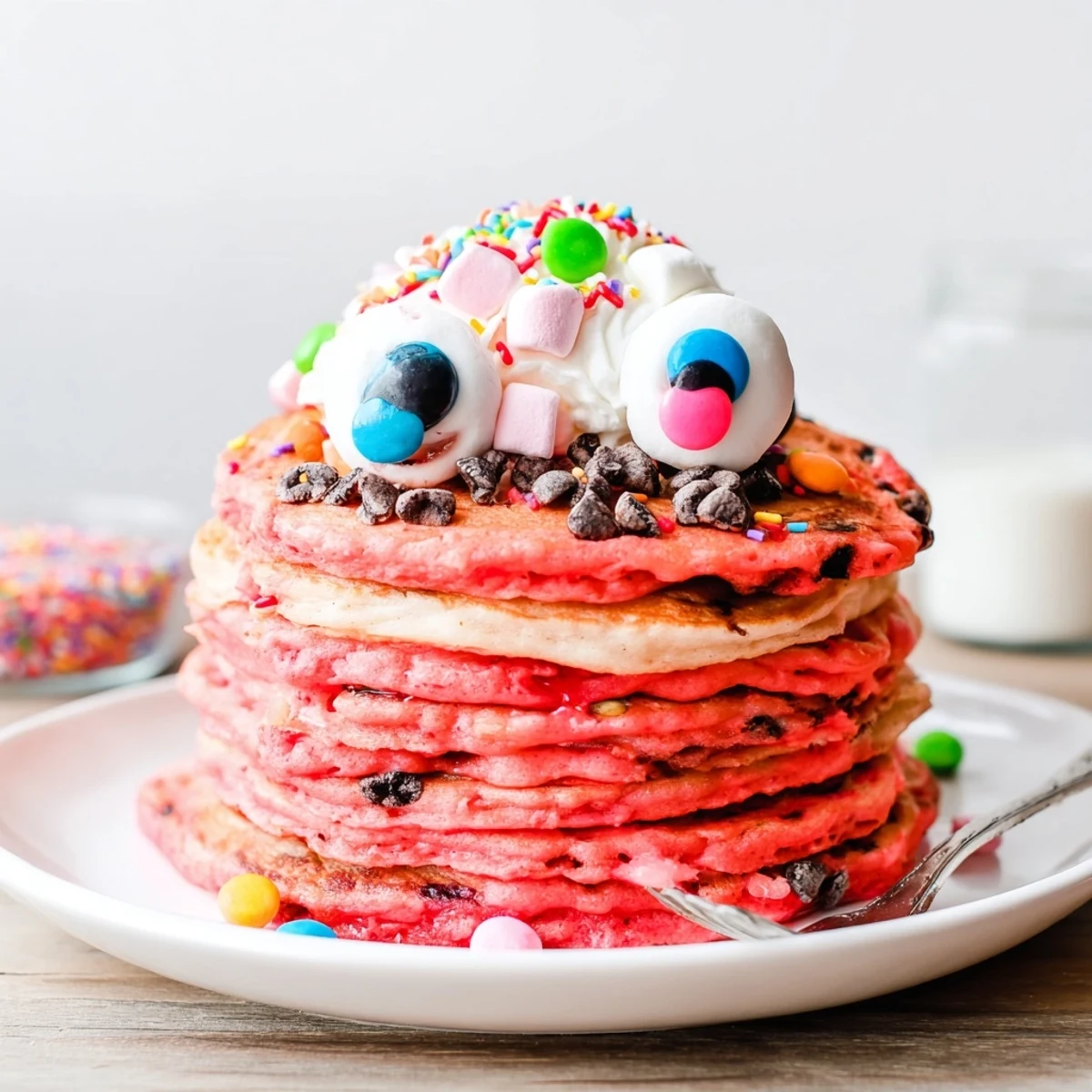Colorful cherry soda monster pancakes served with whipped cream for a delightful breakfast.