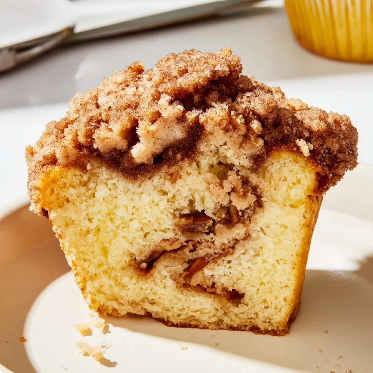Fluffy Cinnamon Crunch Texas Sheet Muffins topped with buttery streusel and pecans.  