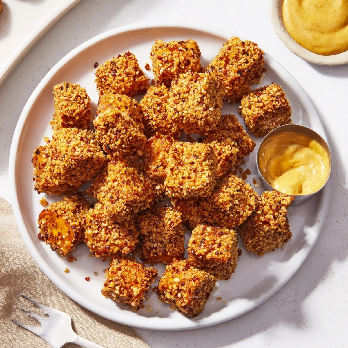 Crispy Sweet Potato Pretzel Crusted Bites drizzled with honey mustard, a tasty appetizer.  