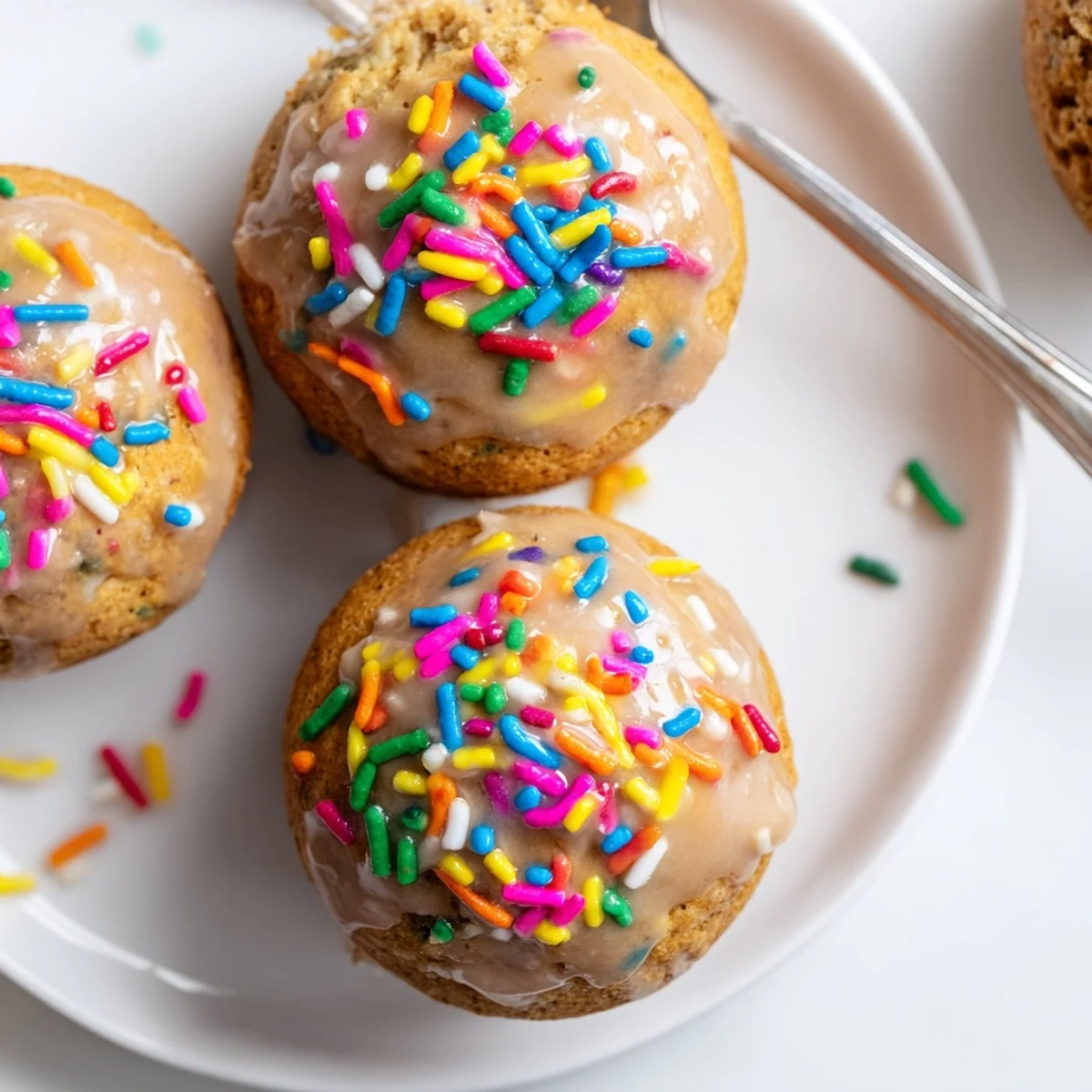 Moist Funfetti Java Muffin Donuts topped with a sweet glaze and colorful sprinkles.