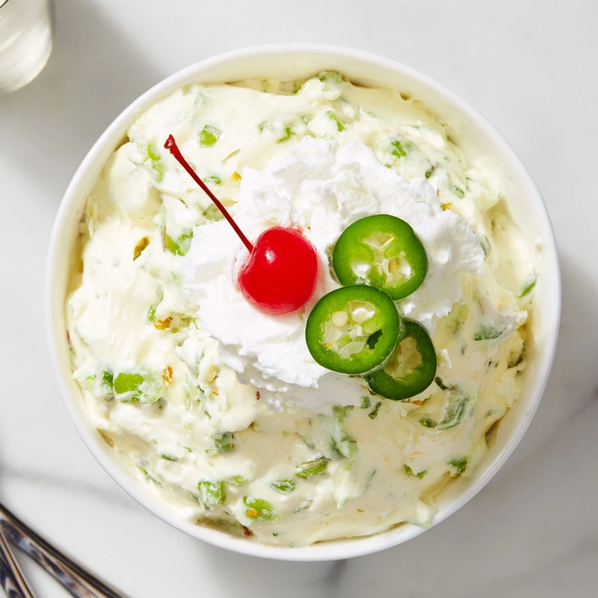 Creamy Jalapeño Soda Float Dip served in a bowl, topped with whipped cream and cherries.  