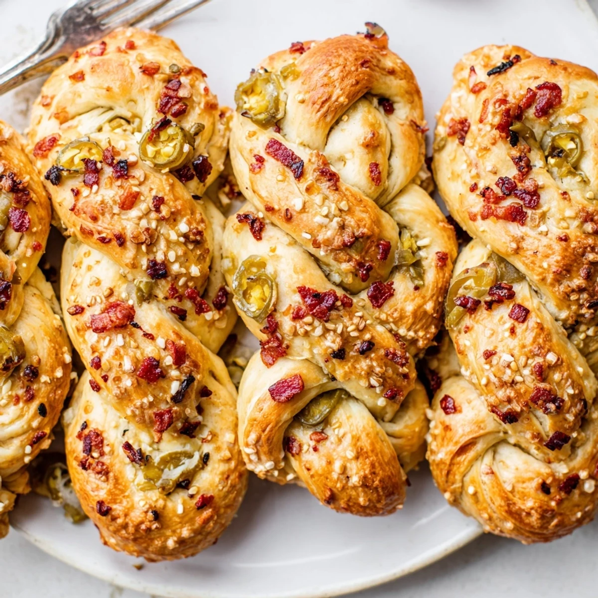 Soft Spicy Pickle Bacon Pretzel Twists topped with coarse salt, perfect for savory snacking.