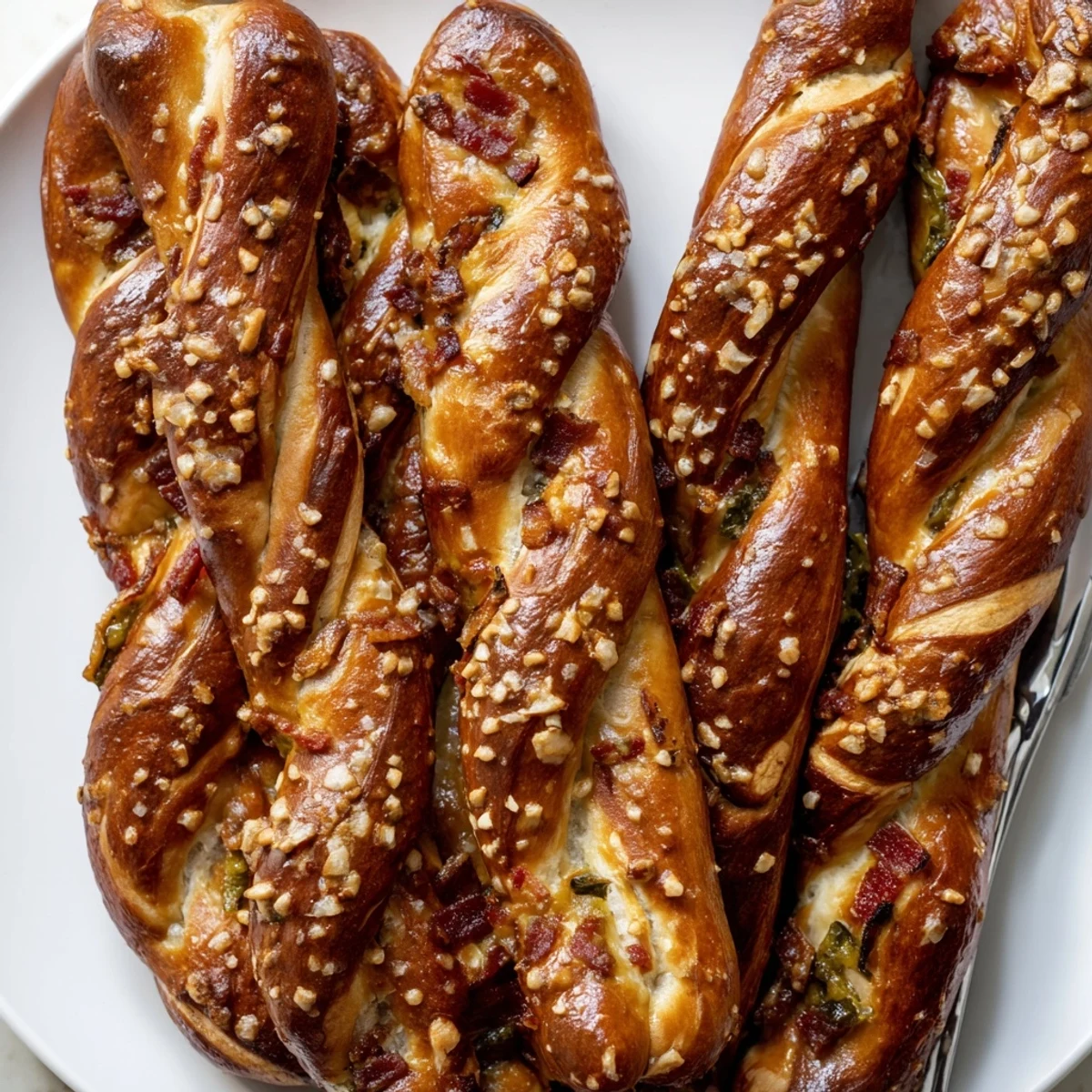 Soft Spicy Pickle Bacon Pretzel Twists drizzled with spicy mustard for extra flavor.