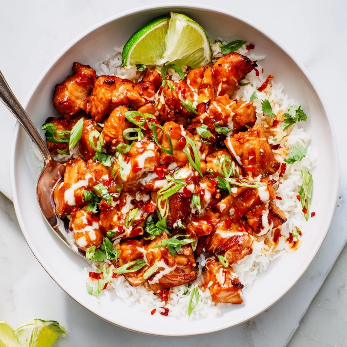 Vibrant Sweet Chili Chicken Bowl topped with fresh cilantro and tangy coconut drizzle.  