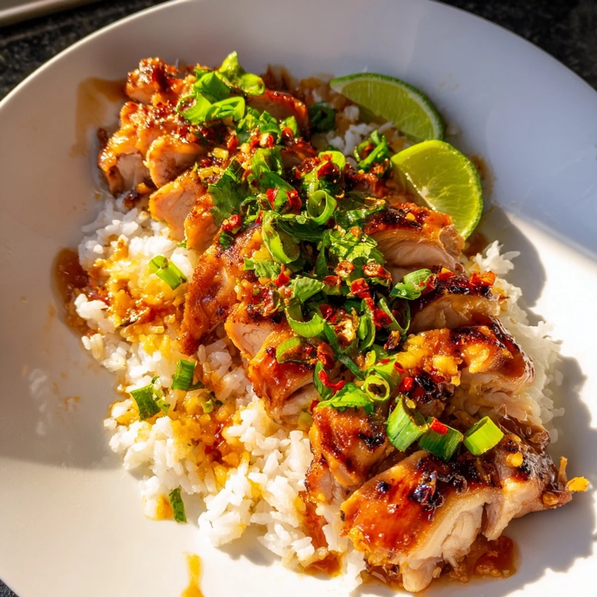 Delectable Sweet Chili Chicken Bowl with jasmine rice and a creamy lime sauce.