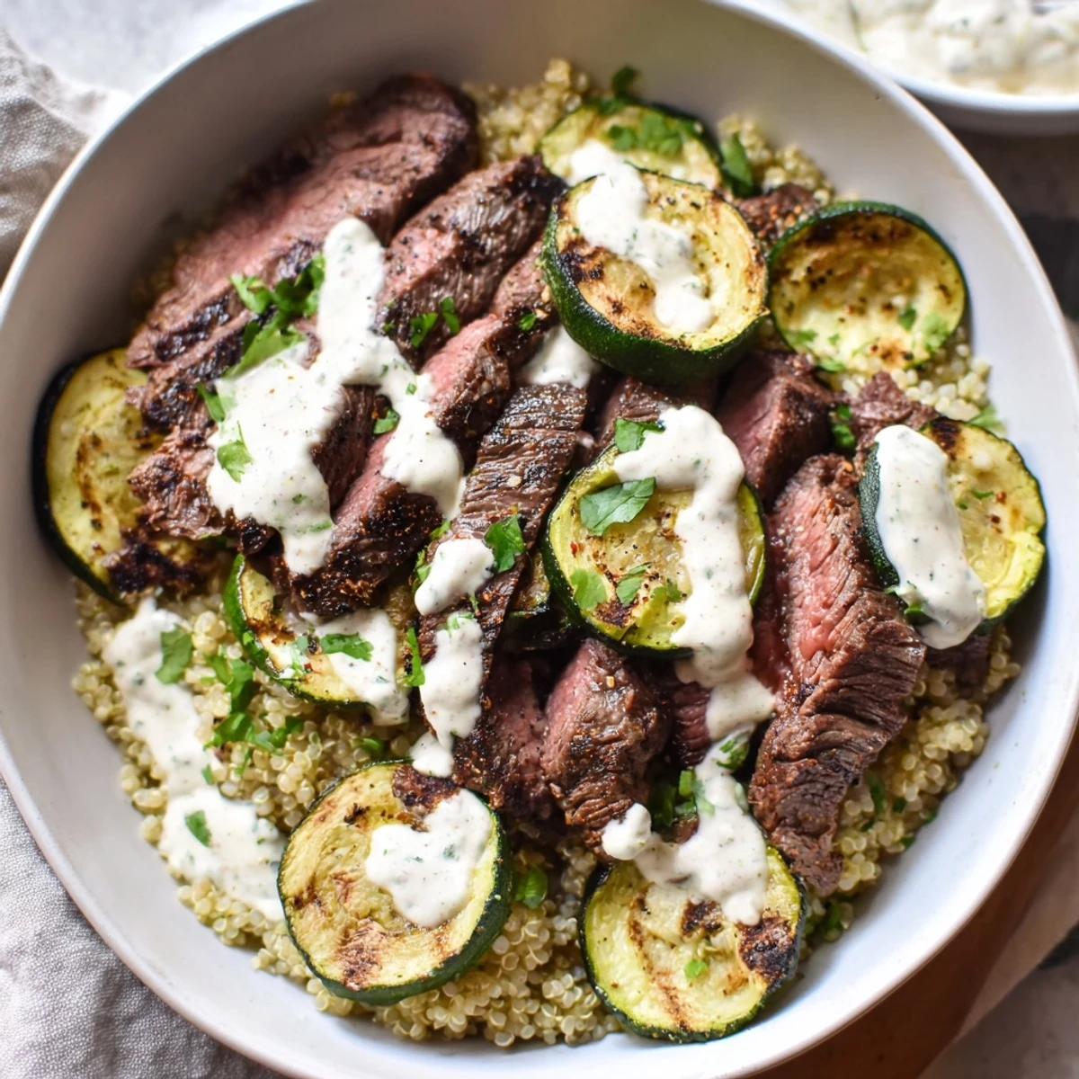 Grilled Steak Bowl Creamy Zucchini