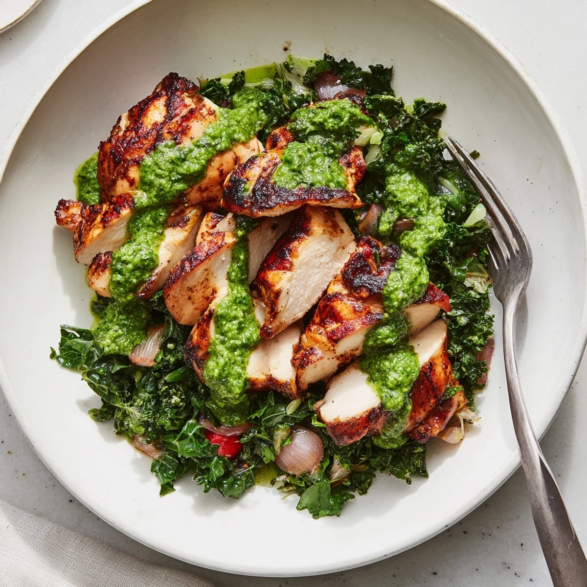Juicy Chimichurri Grilled Chicken Bowl topped with creamy garlic sauce and fresh veggies.  