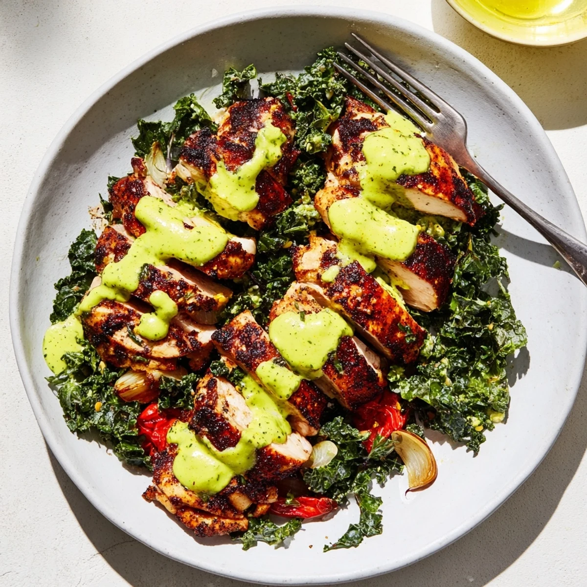 Satisfying Chimichurri Grilled Chicken Bowl featuring grilled chicken, chimichurri, and sautéed kale.