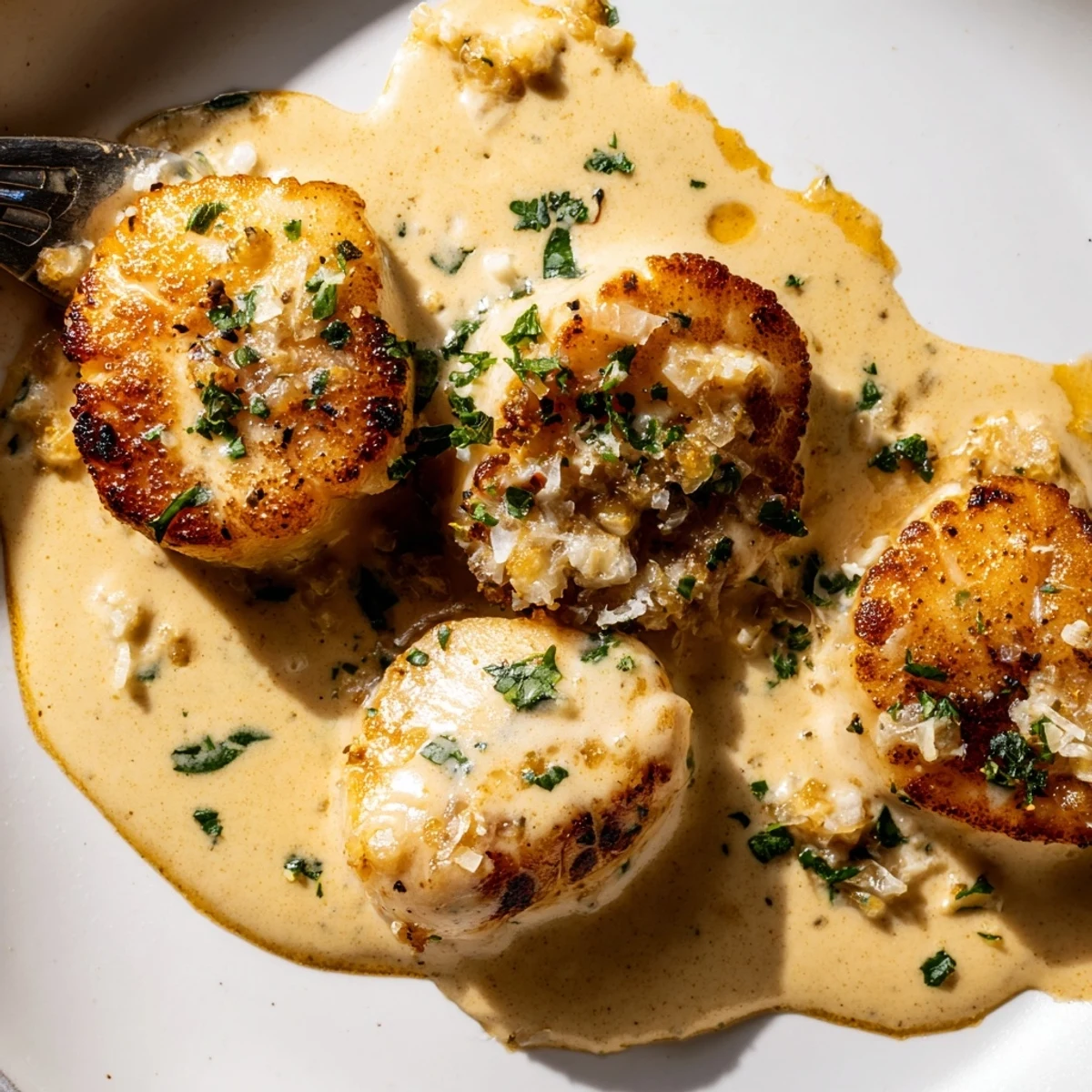 Golden seared scallops in spicy Cajun cream sauce, perfect for a gourmet dinner.  