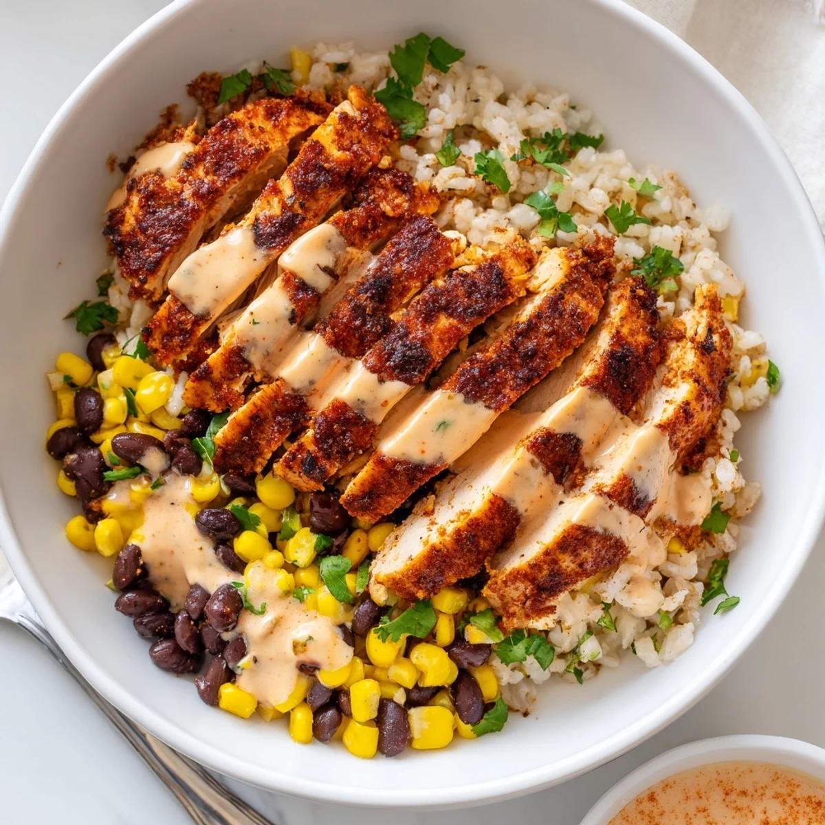 Savor the delicious Chipotle Chicken Bowl with Black Beans and creamy sauce.  