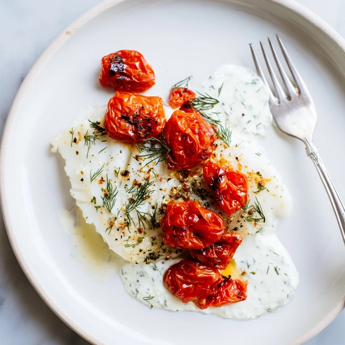 Grilled Cod with Roasted Tomatoes and Creamy Dill Sauce served on a white plate.  