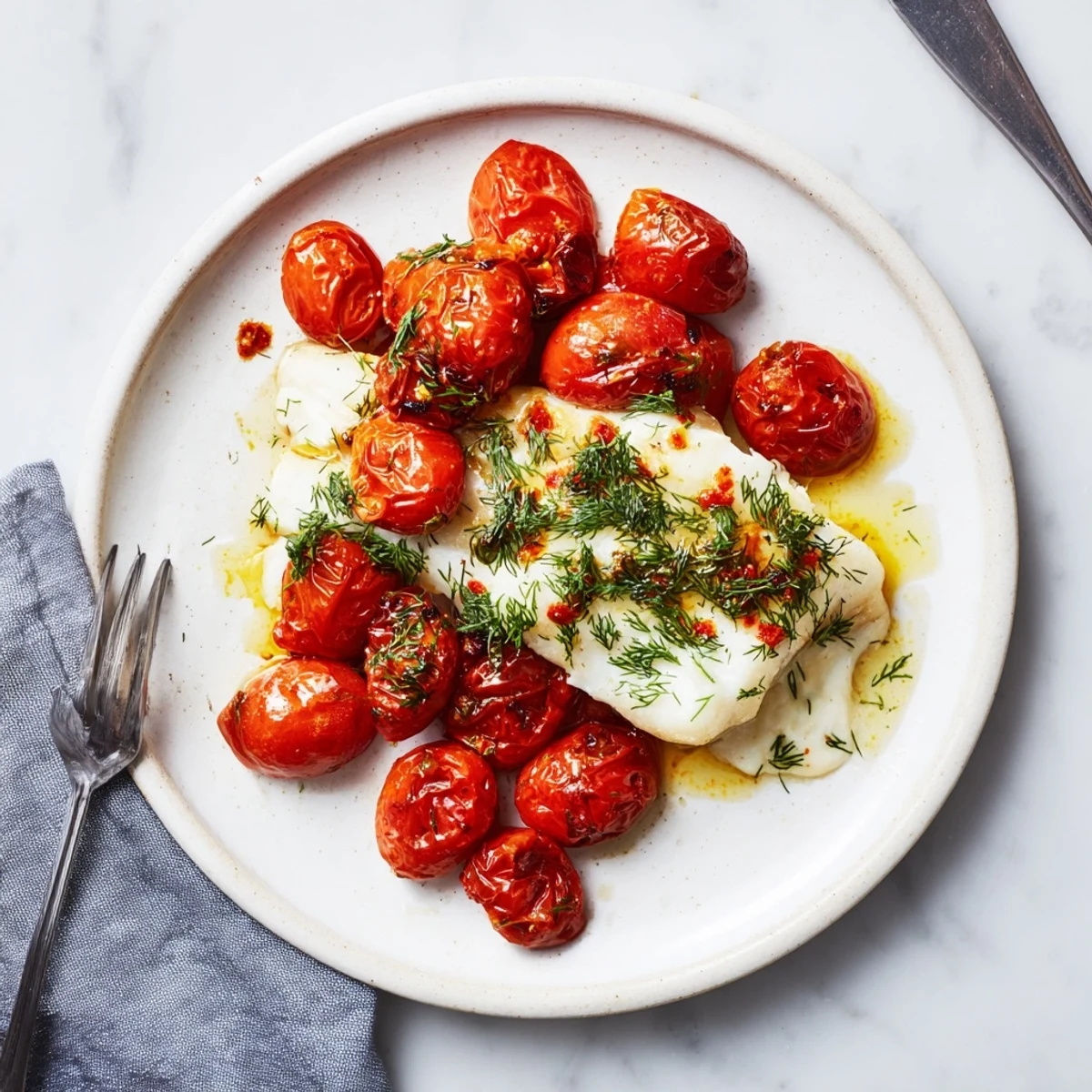Succulent grilled cod fillets topped with vibrant roasted tomatoes and creamy dill sauce.  