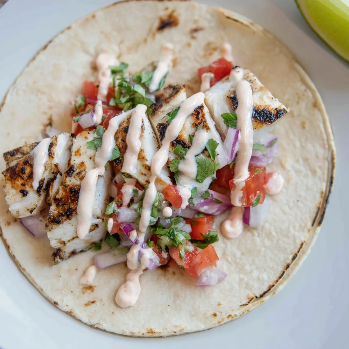 Grilled Fish Tacos with Spicy Mayo & Pico de Gallo on a vibrant plate, bursting with flavor.  