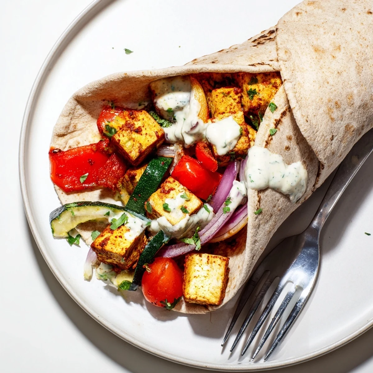 Savory vegan dish showcasing roasted veggies and creamy plant-based yogurt drizzle.