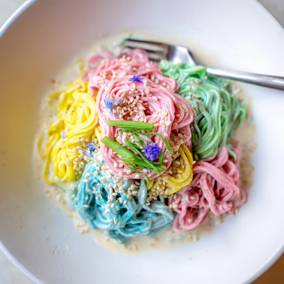Vibrant Neon Noodle Cloud dish draped in creamy sauce, delightful for all ages.  