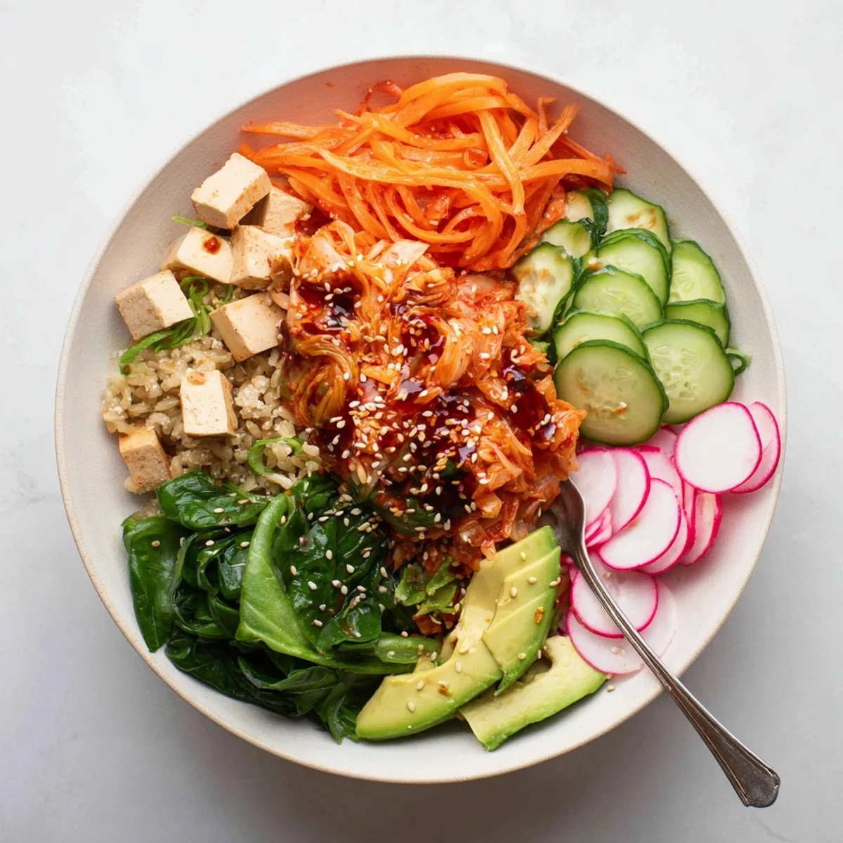 Vibrant Fermented Vegetable Bowl topped with sesame seeds and spicy chili flakes.  